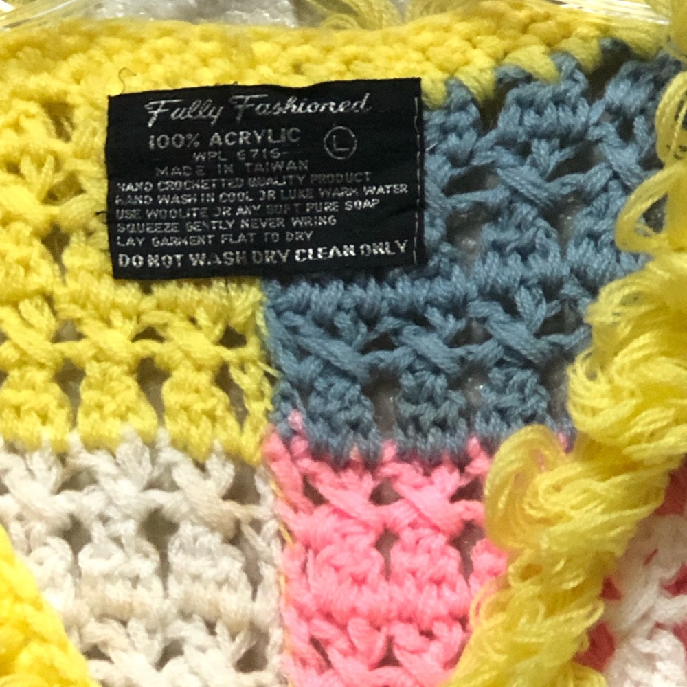 Vintage Handmade Crochet Granny Vest Yellow, Blue, Pink,Gray,White 16”X20”Large - Picture 6 of 9